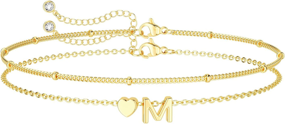 DEARMAY Dainty Initial Heart 14K Gold Plated Bracelets for Women Trendy, Letter Charm Bracelet Jewelry Cute Simple Fashion Chain Gift
