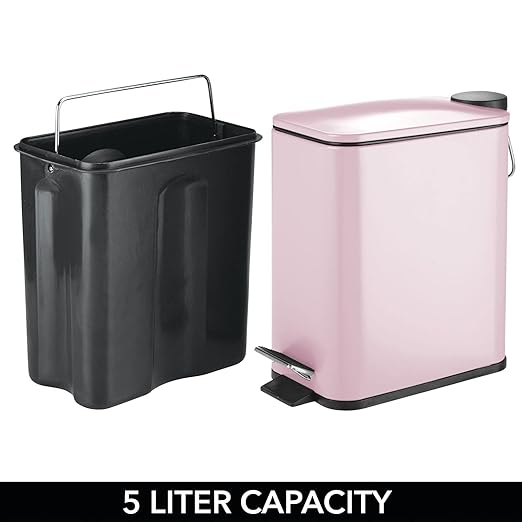 mDesign Slim Metal Rectangle 1.3 Gallon Trash Can with Step Pedal, Easy-Close Lid, Removable Liner - Narrow Wastebasket Garbage Container Bin for Bathroom, Bedroom, Kitchen, Office - Matte Blush Pink