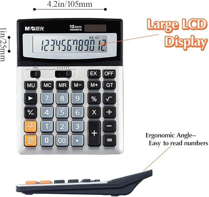 M&G Desk Calculator 12 Digit Extra Large LCD Display Calculator, Dual Solar Power and Battery, Battery Included, Metal Panel Comfort Button Calculator for Office Home School