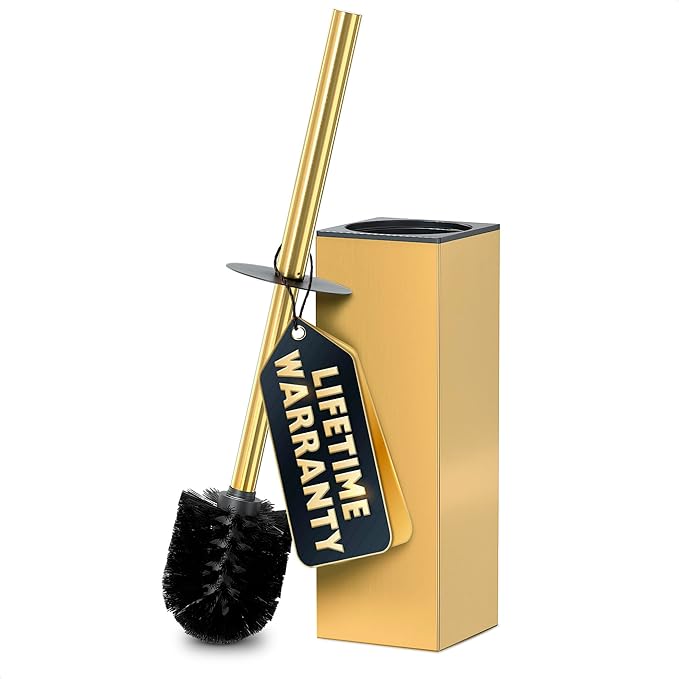 Stainless Steel Toilet Brush and Holder Set Gold & Square Design - Corrosion and Scratch-Resistant Gold Toilet Brush and Holder Set with Splash Protection - for Deep & Effective Bathroom Cleaning