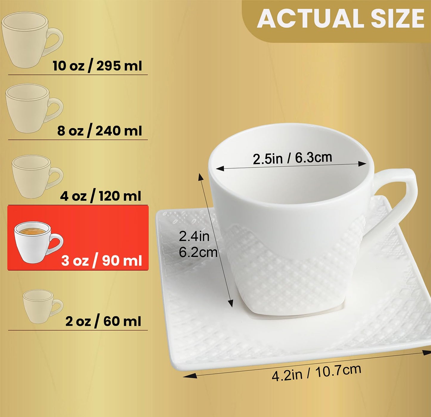 FUOCCI Espresso Cups With Saucer - 3 oz (90 ml) Turkish Coffee Cup, Small Modern Embossed Porcelain for Expresso, Cuban & Arabic Coffee, Elegant White (Set of 6)