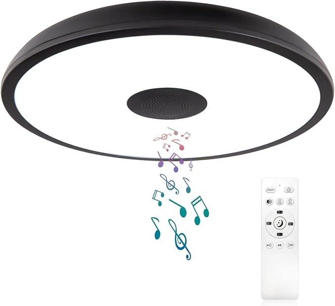 Black Waterproof LED Flush Mount Ceiling Light Fixture,with Bluetooth Speaker,11 Inch,18 watt,Dimmable Music Lamp,RGB Color Changing Light with Remote Control,for Bathroom,Shower,Bedroom