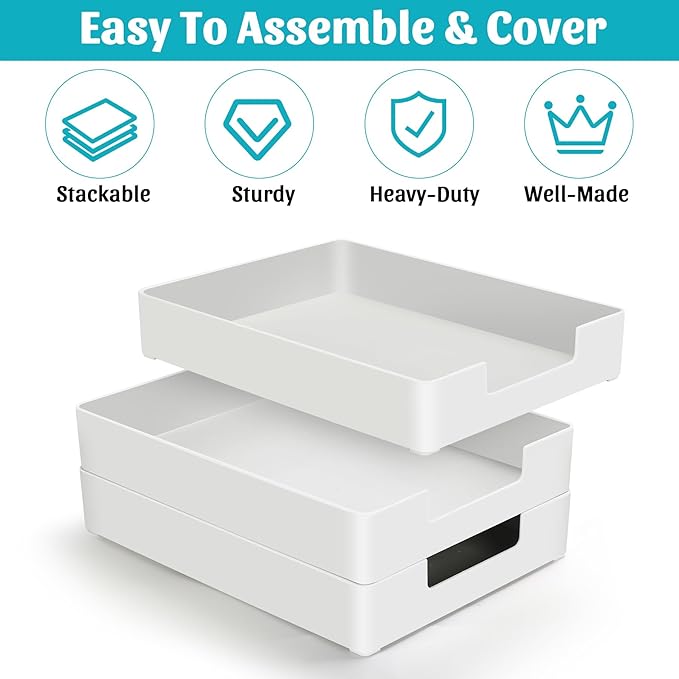Letter-Size Tray Desk Letter Tray Paper Tray, Sturdy Heavy-Duty Plastic Printer Paper Tray, Single-Tier Stackable File Storage Organizer for Office Home (2, White)