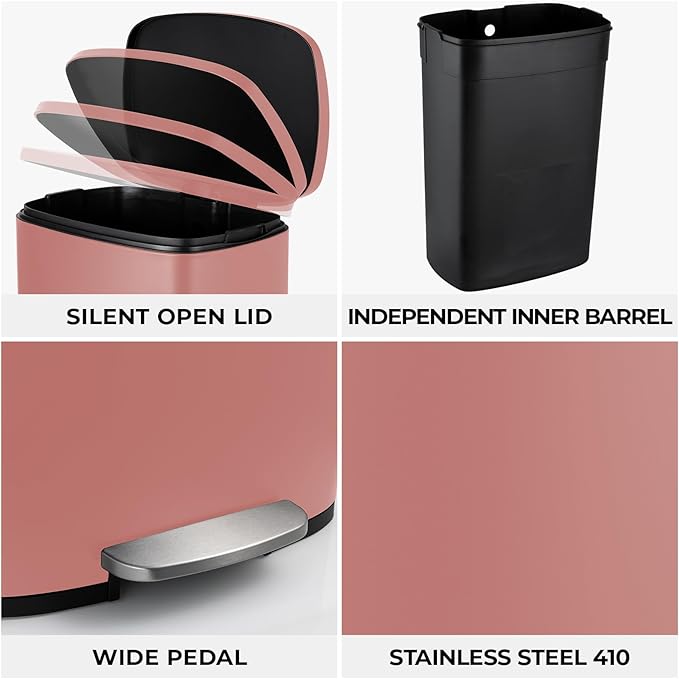 8 Gal Kitchen Trash Can, 30L Recycling or Garbage Bin, Brushed Stainless Steel Waste Basket, Soft&Quiet Close Dustbin, with Step-On Pedal, Removable Inner Bucket, for Home, Office, Living Room