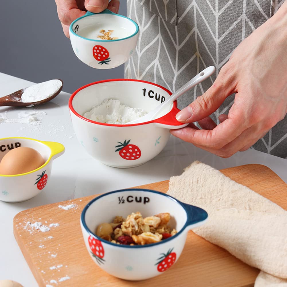 WAYUTO Ceramic Strawberry Measuring Cups with Handle Set of 4 Creative Baking Measuring Cups for Dry Wet Ingredients Cooking Baking Bowls Dishwasher Safe 1 CUP 1/2 CUP 1/3 CUP 1/4 CUP Unique Gift