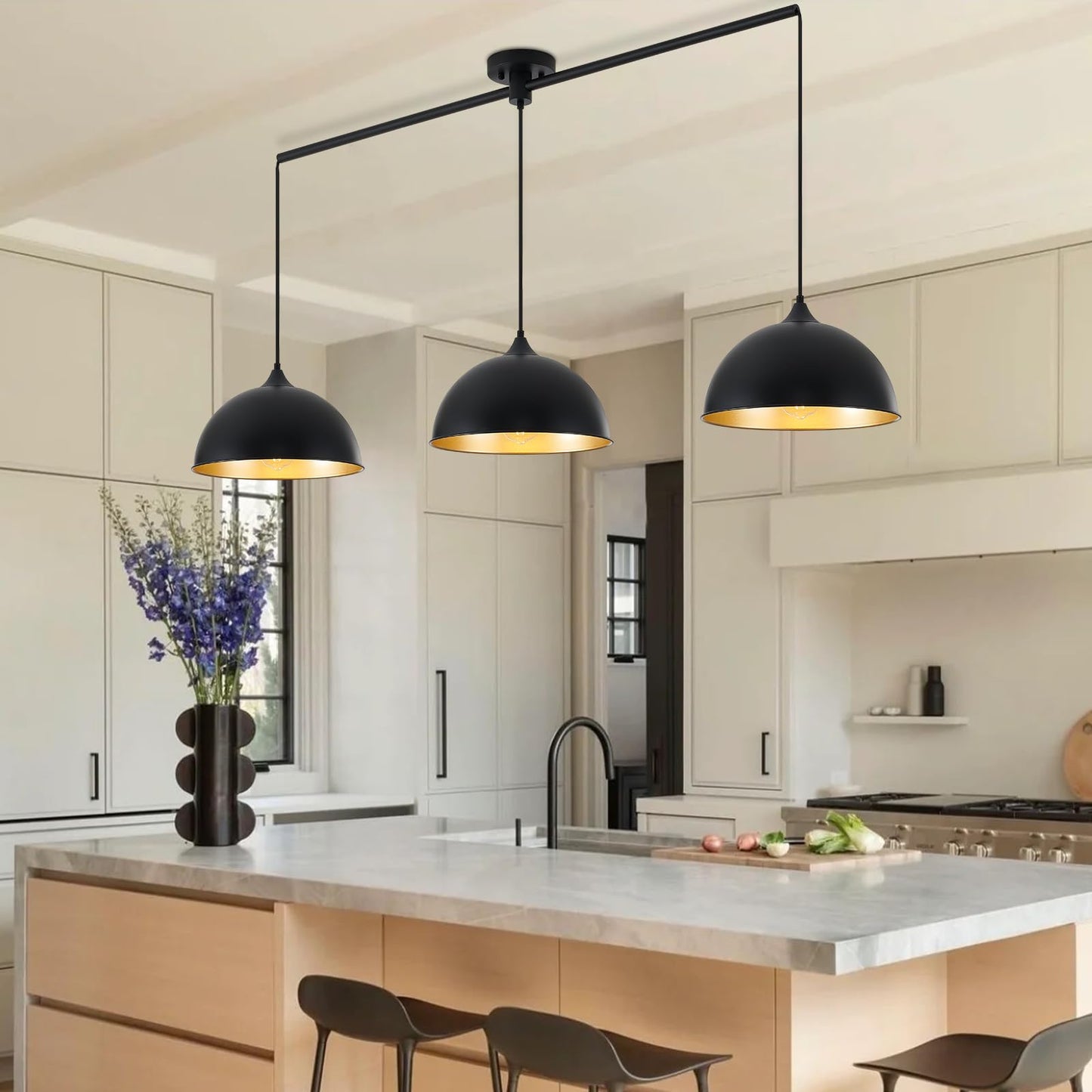 MIAYBPH Pendant Lights Kitchen Island, 3-Pack Dome Pendant Light Fixtures with Black and Gold Finish Farmhouse Industrial Hanging Pendant Light for Dining Room Restaurant Cafe Entryway