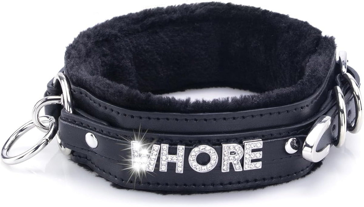 Sparkle Letter Choker Collar For Women, Furry O-ring Leather Collar Punk Gothic Choker Necklace Adjustable Fashion Jewelry, Black