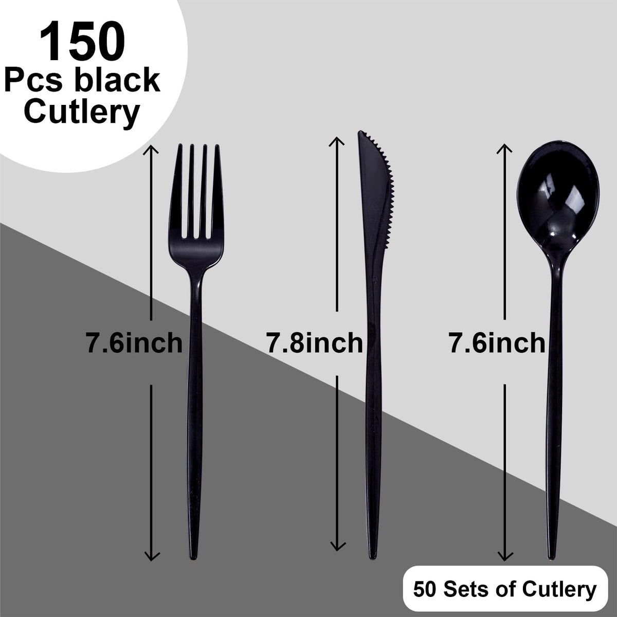 PULOTE 150PCS Black Plastic Silverware Set Disposable - Heavy Duty Black Plastic Cutlery - Black Plastic Utensils Set Include 50 Forks,50 Spoons,50 Knives for Party&Graduation