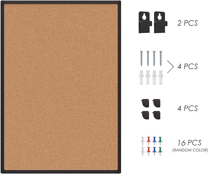 Board2by Cork Board Bulletin Board 20 x 30, Black Aluminium Framed Corkboard, Office Board for Wall Cork, Large Wall Mounted Notice Pin Board with 16 Push Pins for School, Home & Office