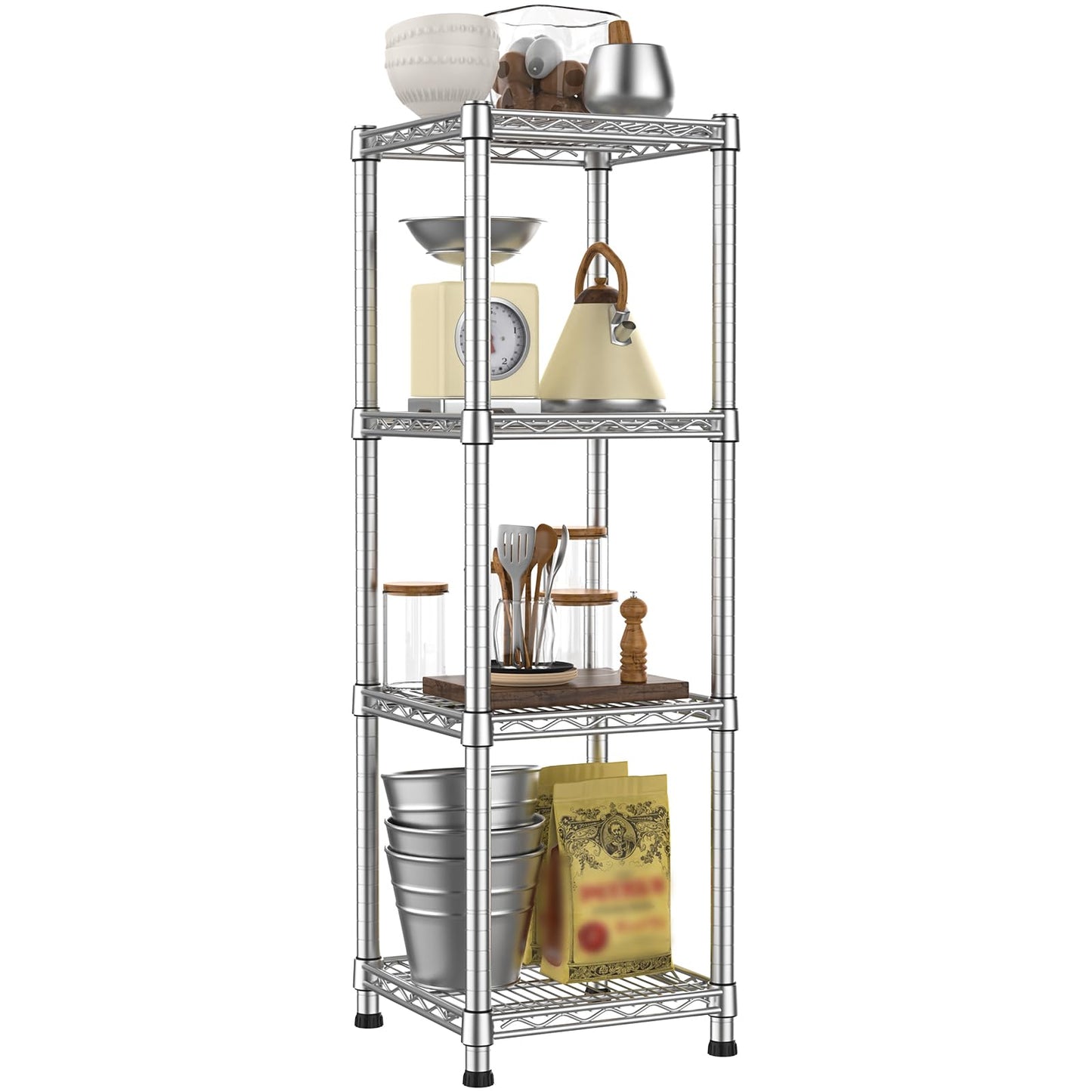 14" Metal Wire Shelving Unit Storage Shelves 4 Tier Adjustable Shelf Sturdy Steel Rack Standing Units Organizers organize for Laundry Bathroom Kitchen Closet Basement Garage Pantry Narrow Mesh Utility
