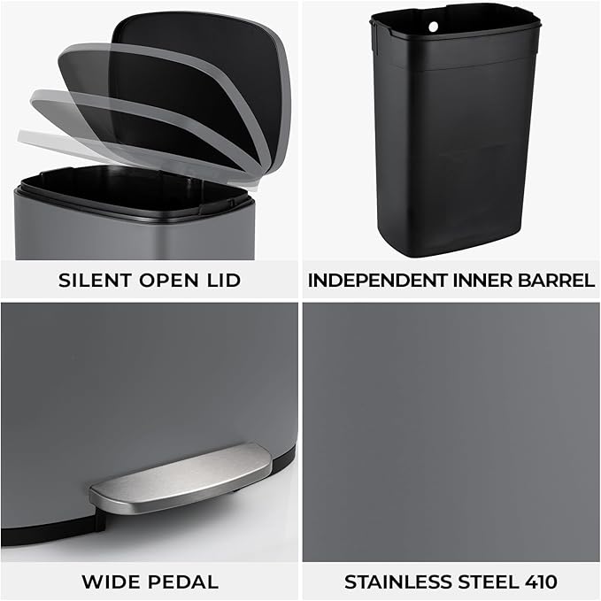 8 Gal Kitchen Trash Can, 30L Recycling or Garbage Bin, Brushed Stainless Steel Waste Basket, Soft&Quiet Close Dustbin, with Step-On Pedal, Removable Inner Bucket, for Home, Office, Living Room