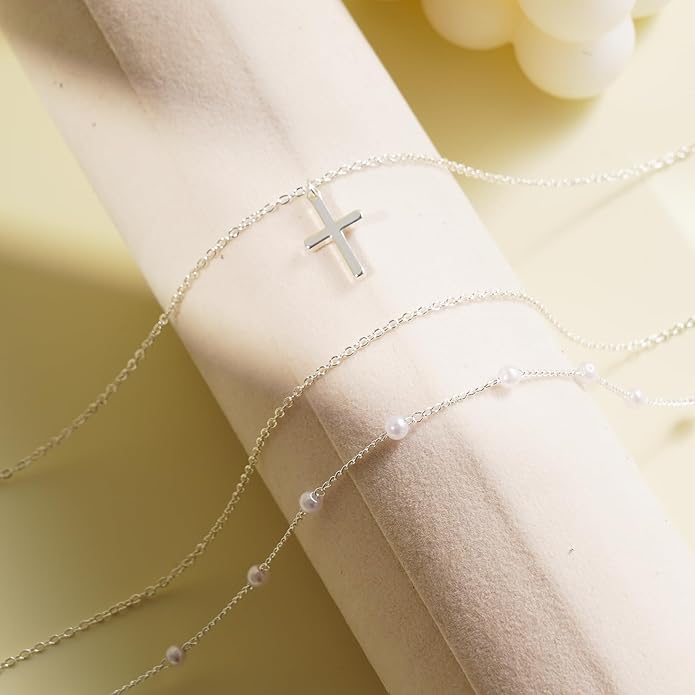 Layered Gold Necklaces for Women, Stackable 14K Gold Plated Necklace, Dainty Cross/Circle/Heart Pendant layered Necklace, Adjustable Dainty Gold/Silver Necklace Jewelry Set for Women
