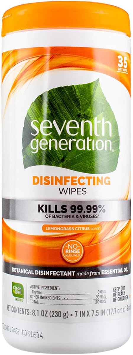 Seventh Generation Multi-Surface Disinfecting Wipes, Lemongrass Citrus, 8.1 oz, 35 Ct (2 pack)