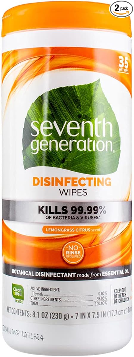 Seventh Generation Multi-Surface Disinfecting Wipes, Lemongrass Citrus, 8.1 oz, 35 Ct (2 pack)