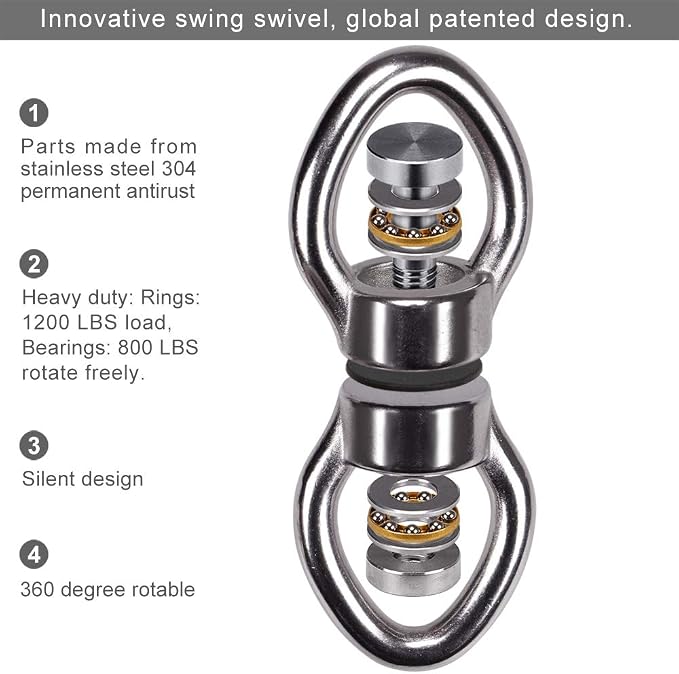 SELEWARE Silent Bearing Swing Swivel with 2 Carabiners, 360° Rotational Device Hanging Accessory for Tree Swing, Hammock Chair, Yoga,1200LB Capacity