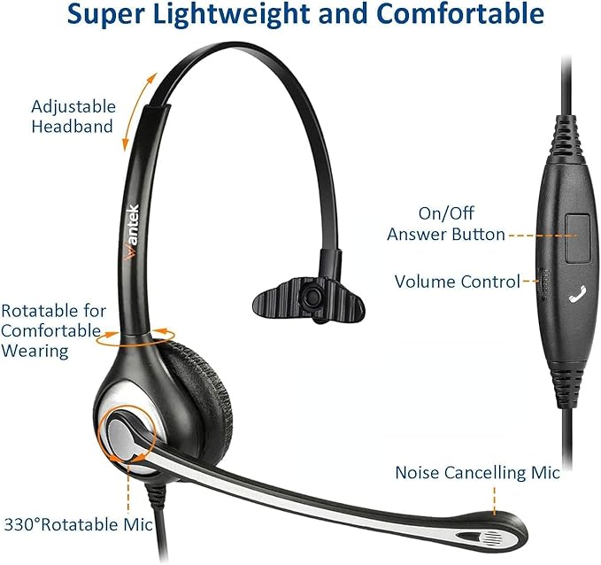 Phone Headset 2.5mm with Microphone, Noise Cancelling & Volume Controls, Telephone Headphone Compatible with Panasonic, Cisco, Polycom, Gigaset's 2.5mm Jack Phone Headset