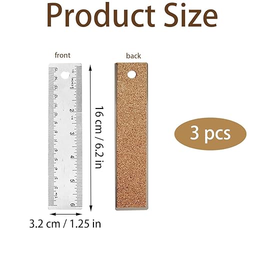 6-Inch Stainless Steel Metal Ruler with Non-Slip Cork Backing - 3 Pack