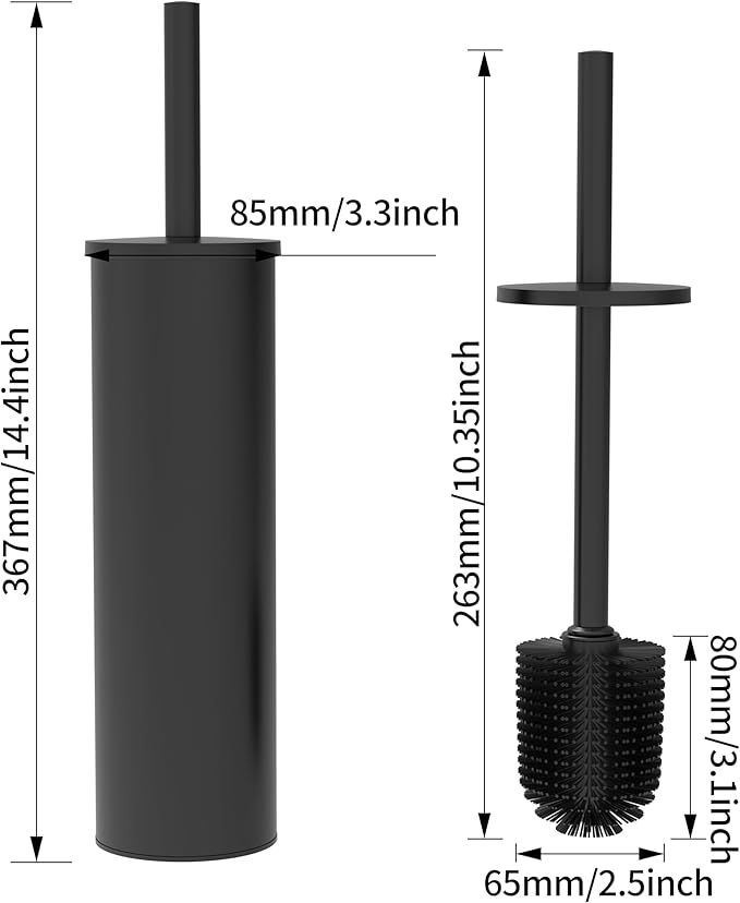 Toilet Brush and Holder Set, 2 Pack Stainless Steel Toilet Bowl Brush with Lid, Rust Proof Toilet Cleaner Brush with Caddy, Durable Bristles, Splash Proof, Ideal for Bathroom（Matte Black）