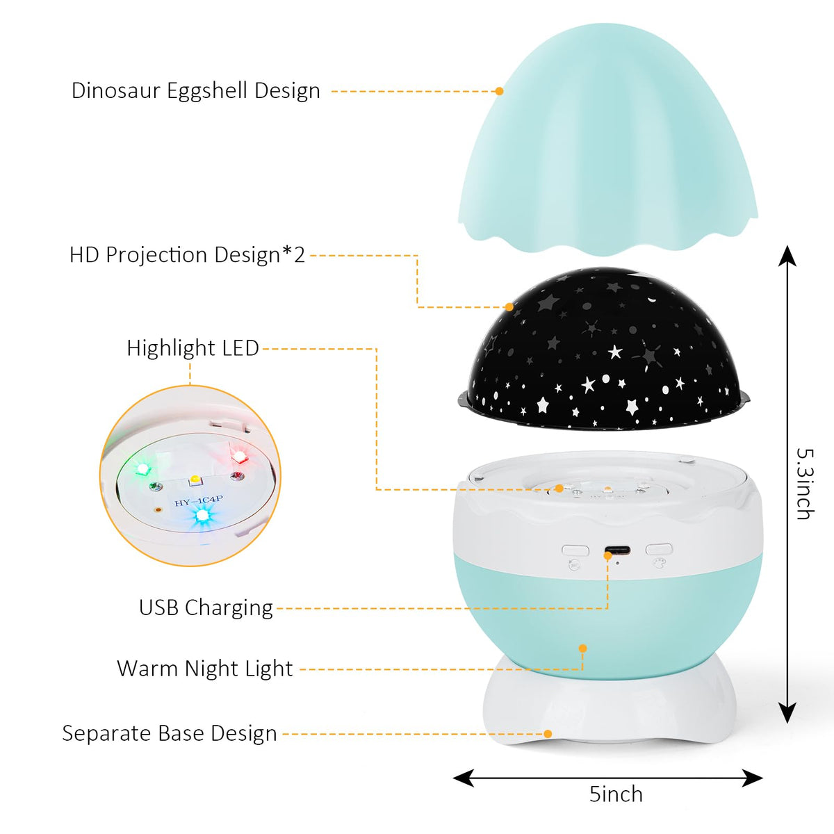 artidoo Night Light for Kids - Star Projector for Bedroom with 2 Theme(Dinosaur & Starry Sky - Night Lamp,4 LED Bulbs 9 Light Color Changing with USB Cable - Dinosaur Egg Design,Unique Gift- Blue.