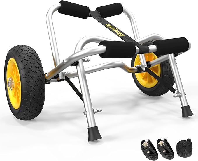 Bonnlo Kayak Cart Canoe Dolly Fishing Kayak Accessories Carrier Foldable Paddle Board Trolley Boat Trailer Transport with NO-Flat Airless Tires Wheels and 2 Ratchet Straps