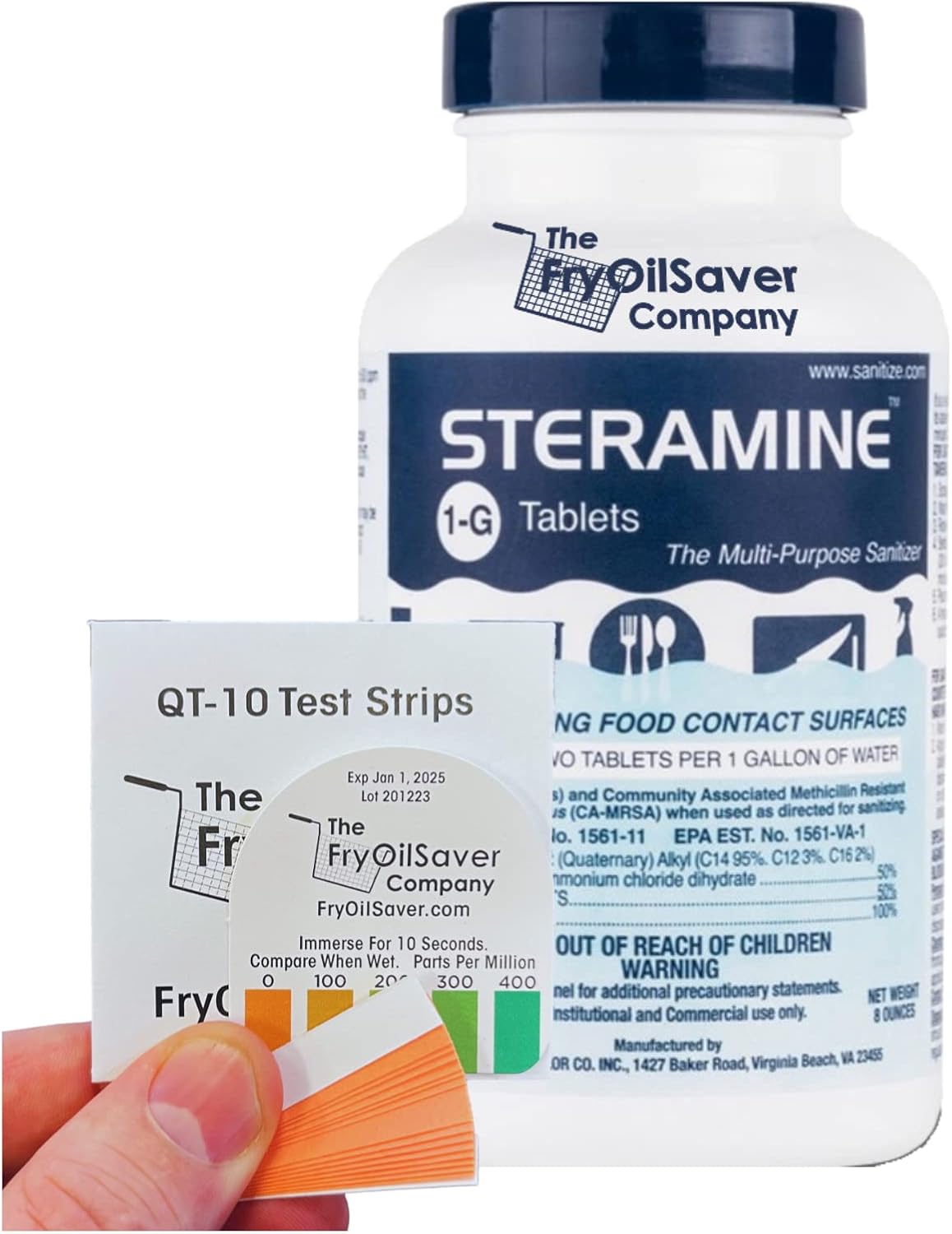 1 Bottle Steramine Sanitizer Tablets w/15x QT-10 Test Strips - Multi Purpose Steramine Sanitizing Tablets for Food Contact Surface, Kitchen, Restaurant, Food Service by FryOilSaver (150 Count)