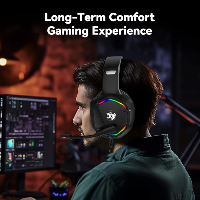 Gaming Headset with Microphone for Pc, Xbox One Series X/s, Ps4, Ps5, Switch, Stereo Wired Noise Cancelling Over-Ear Headphones with Mic, RGB, for Computer, Laptop, Mac, Nintendo, Gamer (Red)