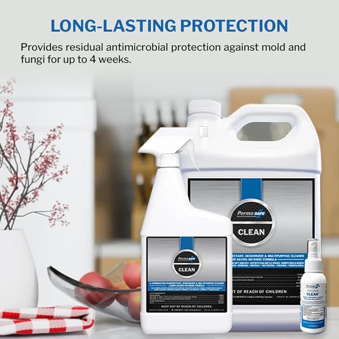 PermaSafe CLEAN, All-Purpose Hospital Disinfectant Cleaner; No Rinse, Hard, Soft & Food Contact Surface Sanitizer; Mold, Mildew and Fungi Killer; Odor Eliminator; Allergen Remover & More (128 Fl Oz)
