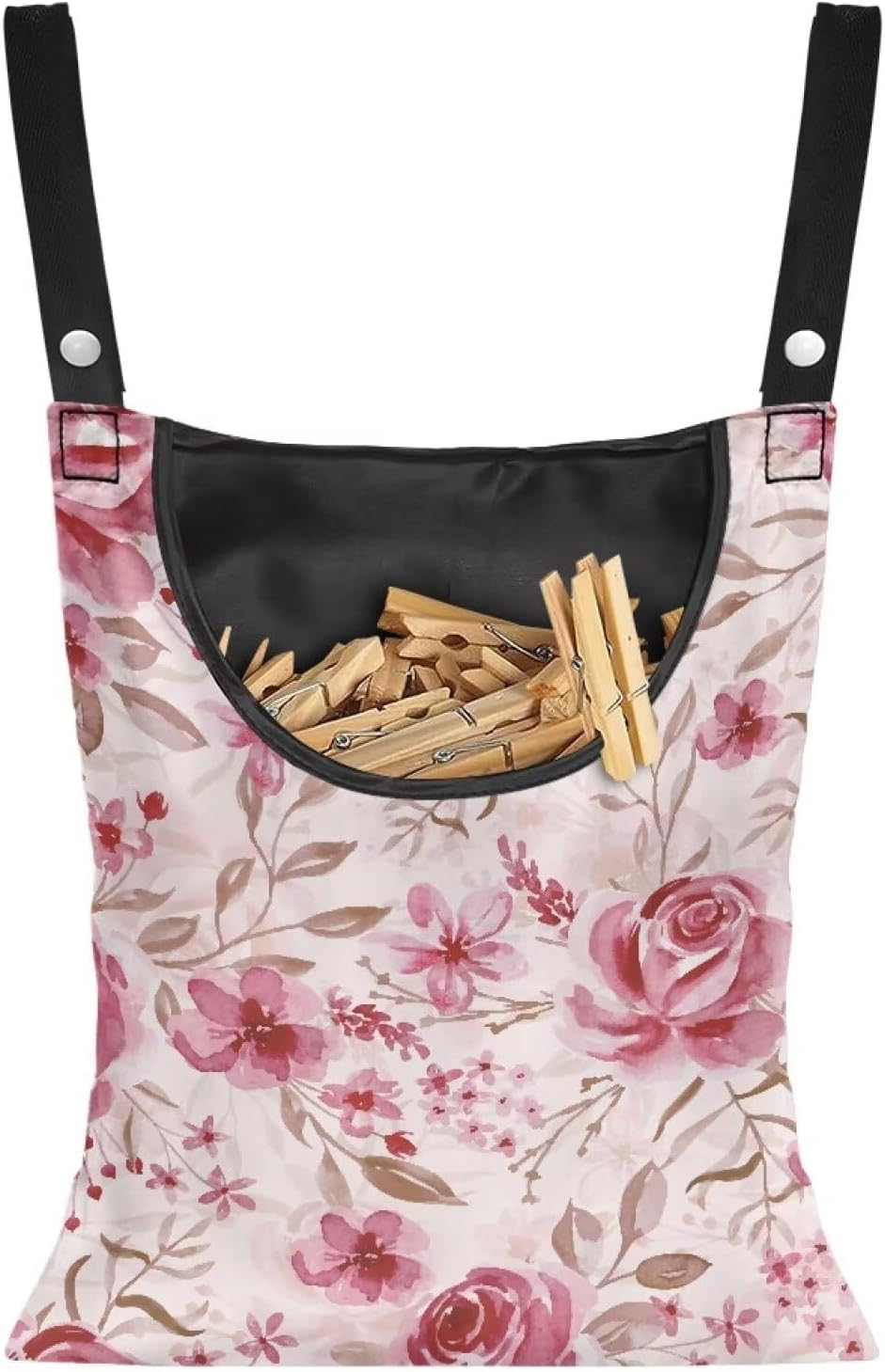 Pink Flowers Clothespin Bag Laundry Hanging Storage Organizer Clothes Pin Hanging Bag with Rope Clothespin Holder with an Space-Saving Opening for Clothesline Outdoor