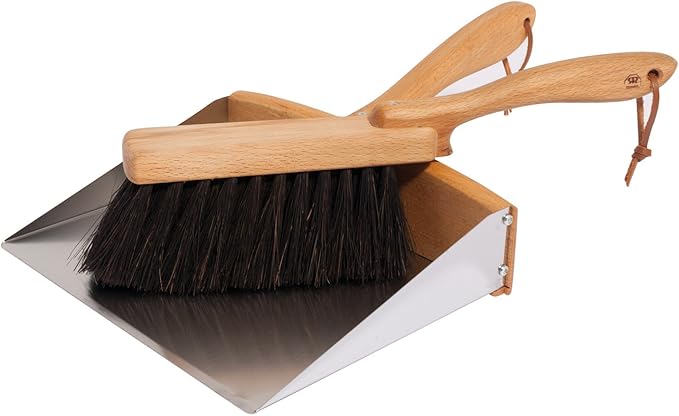 REDECKER Arenga Fiber Hand Brush and Dust Pan Set, Broom and Wood Dustpan Combo for Home and Outdoor, Stainless Steel Dust Pan, Made in Germany, 14-1/8-Inches