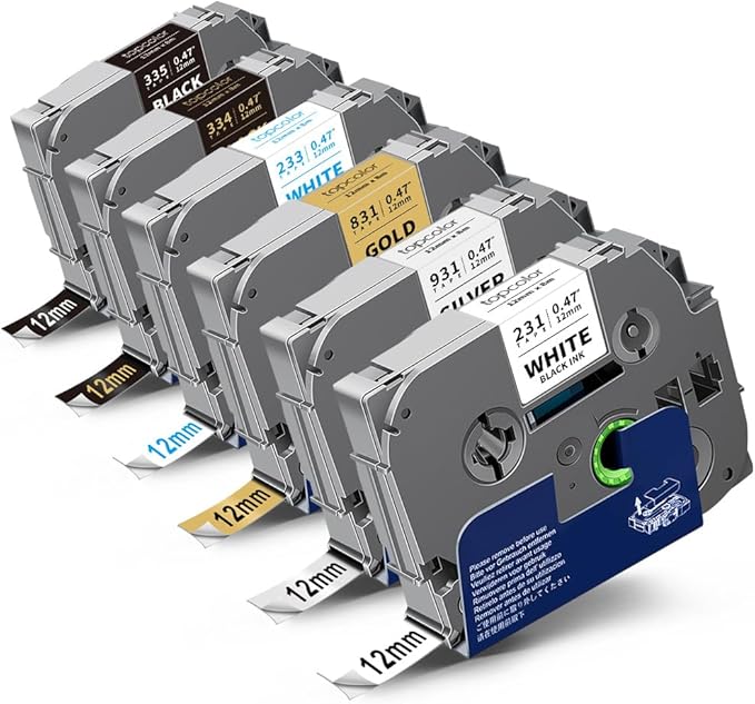 6-Pack 12mm 0.47" Laminated Multi-Color Label Tape Compatible for Brother Tze-931 Tze-831 Tze-233 Tze-334 Tze-335 P Touch Tape Tze Tz 12mm 0.47" Color for PTH110 PTD220 PTD210 PTD400 PTD610BT