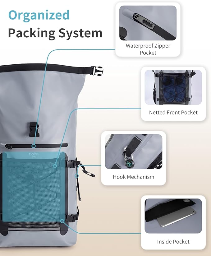 ECOHUB Waterproof Backpack for Women Men, 30L Roll-Top Closure Heavy Duty Dry Bag for Travel with IPX8 Waterproof Phone Case