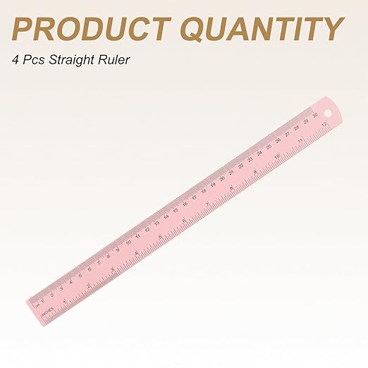 HARFINGTON 4pcs Metal Straight Ruler 30cm Metric SAE Aluminum Alloy Measuring Rulers Scale Tool with Hole for Measure Study Reading Classroom Office, Pink