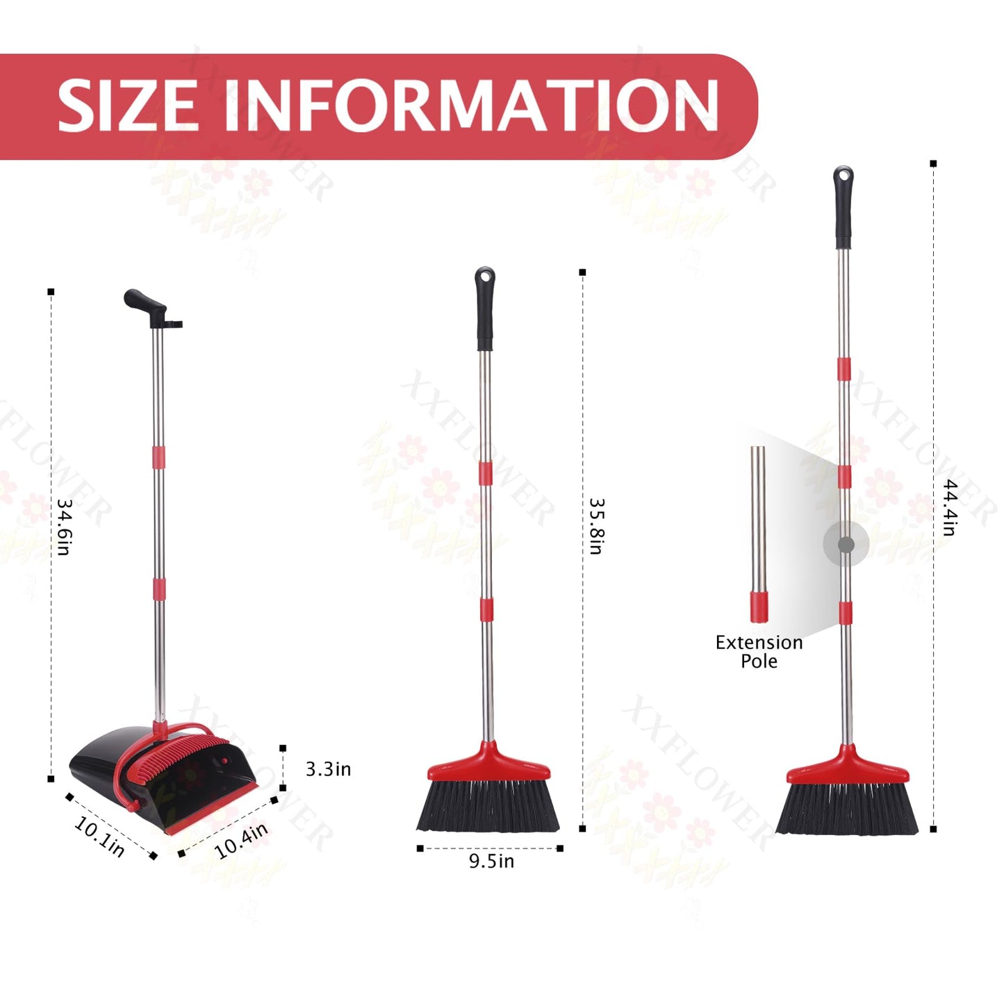 XXFLOWER Broom and Dustpan Set with Long Handle, Light Weight Stainless Steel Poles Stand Upright Dustpans with Broom Combo for Home Kitchen Office Pet Dog Hair, Black & Red Color, 1-Pack