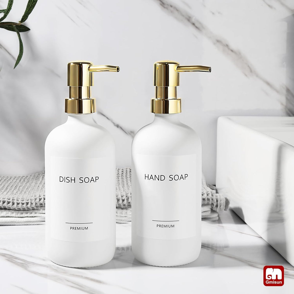 GMISUN White Soap Dispenser, 2 Pack Glass Hand Soap Dispensers Bathroom with Gold Pump, 17 Fl Oz Dish Soap Dispenser Set for Kitchen, Refillable Modern Liquid Soap and Lotion Dispensers Bottle