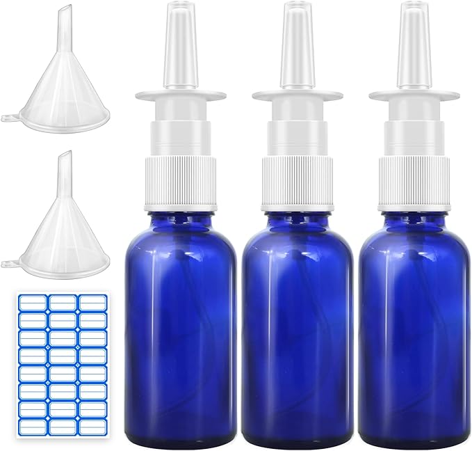 Cupohus Nasal Spray Bottle, 3 Pcs 30ML/1oz Cobalt Blue Glass Refillable Fine Mist Sprayers Atomizers, Travel Sized, Empty Nasal Sprayer with Funnels and Labels