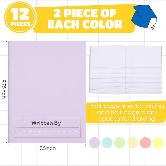 Henoyso 12 Pcs 120 Pages Primary Composition Notebooks K-2 9 3/4 x 7 1/2 Inch Journals Primary Journals Blank Books for Kids to Write Stories Kindergarten (Light Color)