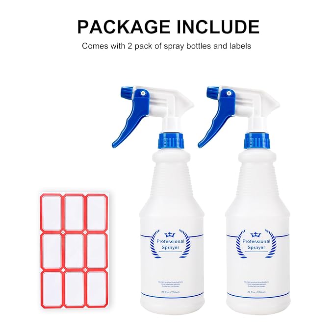 Plastic Spray Bottle, Empty Spray Bottles (2 Pack 24 Oz), All-Purpose Sprayer for Cleaning Solutions, Hair Spray, Bleach, Planting, BBQ, Mist & Stream Water Spraying Bottle with Adjustable Nozzle