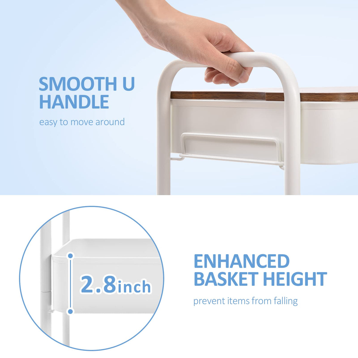 TOOLF 3-Tier Rolling Cart with Table Top, Metal Storage Cart on Wheels, Utility Organizer with Wooden Tray, Lockable Casters, Easy Assembly for Bathroom, Living Room, Office, Kitchen, White