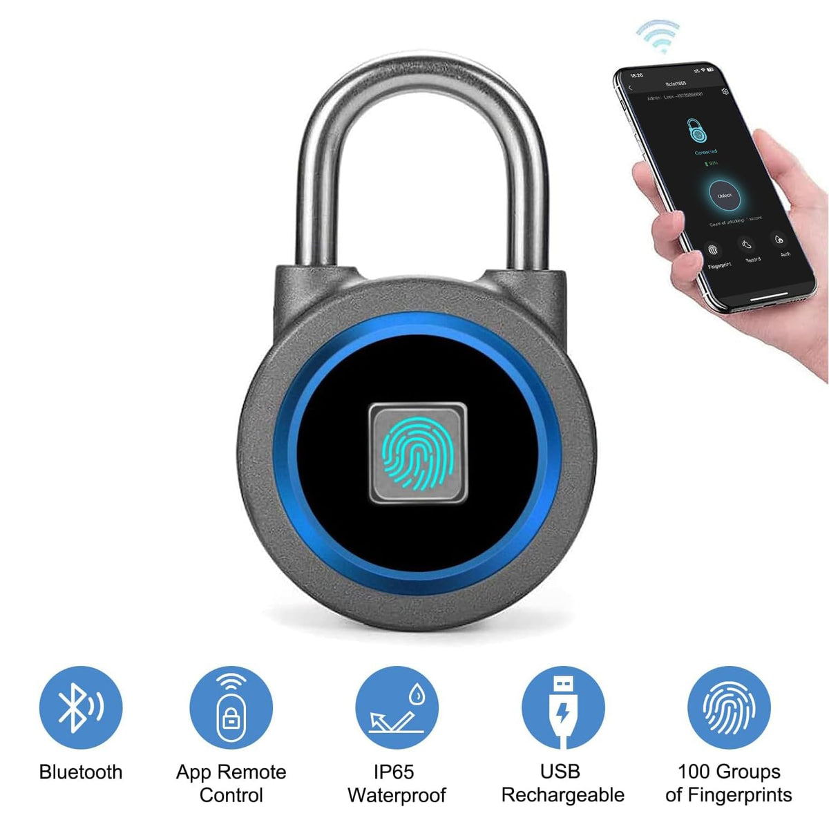 Fingerprint Padlock, Bluetooth Lock, Mobile APP, MEGAFEIS Smart Padlock with Keyless Biometric, Water Resistant, Suitable for Gym, Sports, Bike, School, Fence and Storage(Blue)