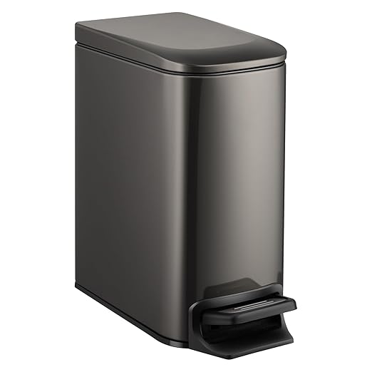 TIPGO Slim Bathroom Trash Can with Lid Soft Close, 6 Liter / 1.6 Gallon Stainless Steel Garbage Can with Removable Inner Bucket, Step Pedal, Small Trash Cans for Bedroom, Office, Kitchen (Black Gold)