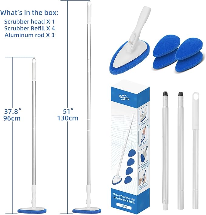 Qaestfy Shower Bathtub Tub Tile Scrubber Cleaning Brush with 51'' Handle, 5 Non-Scratch Scouring Pads, Adjustable Long Handled Scrub Brush for Cleaning Shower Bathroom Vessel Sinks Toilet Wall Floor