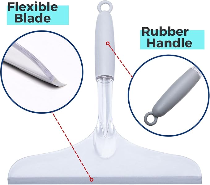 Shower Squeegee for Glass Door, 10'' Rubber Water Wiper for Bathroom Tile and Mirror, Clear Plastic Window Cleaner Tool, 2 Pack