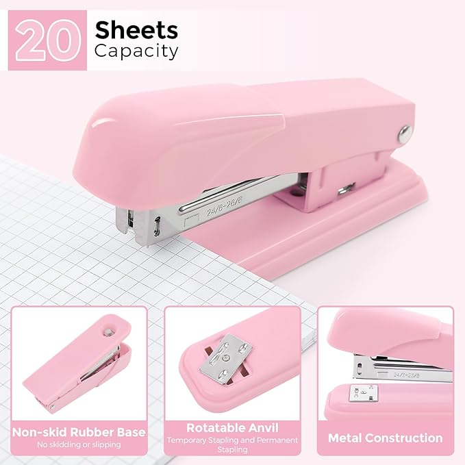 SKYDUE Pink Office Desk Accessories, Pink Office Supplies, Stapler, Tape Dispenser, Scissors, Clips and 1000pcs Staples,Office Supplies for Desk for Women