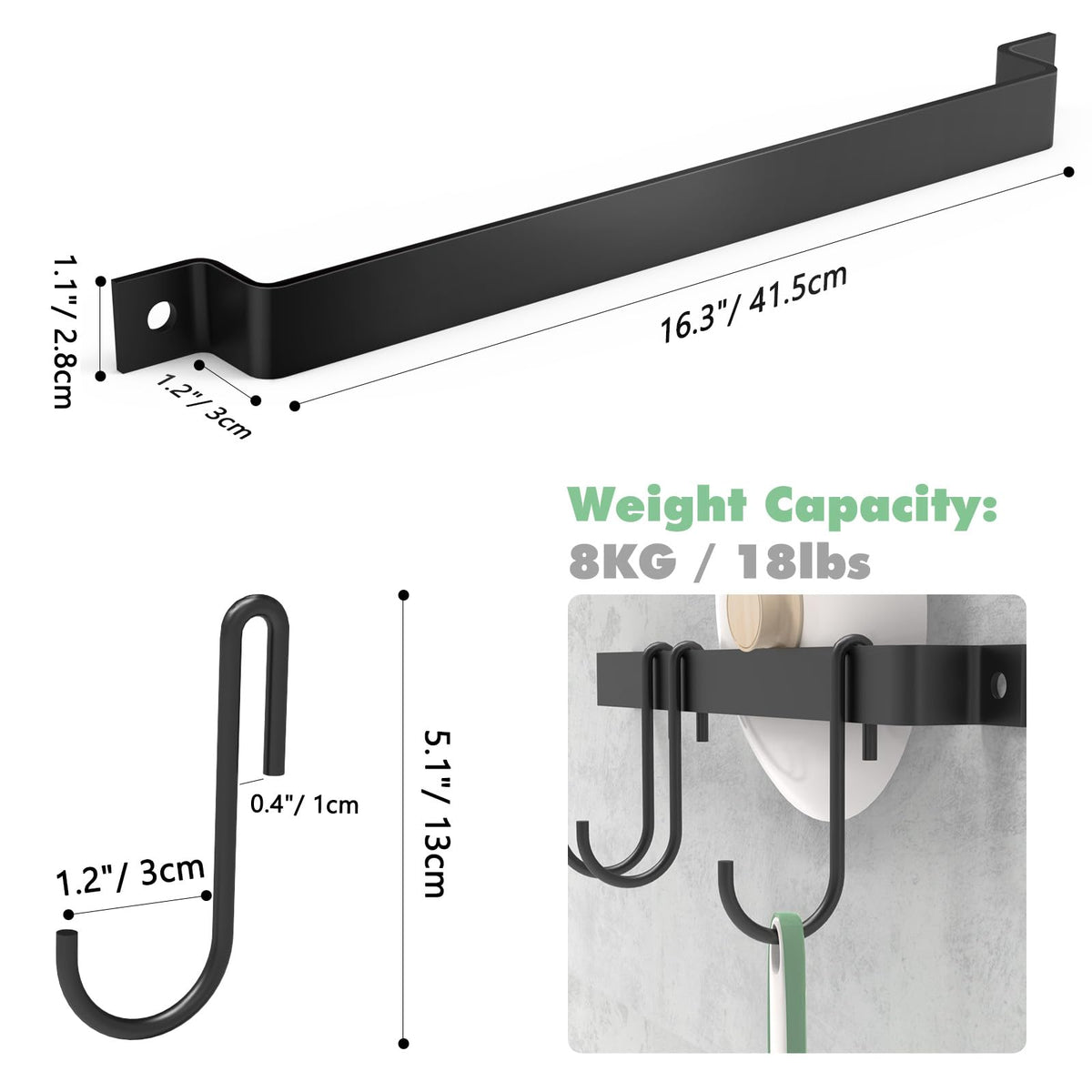 Housolution Kitchen Rail with 15 Hooks, 16 Inch Wall Mounted Hanging Utensil Rack Kitchen Utensil Hanger for Kitchen, 1 Pack, Black