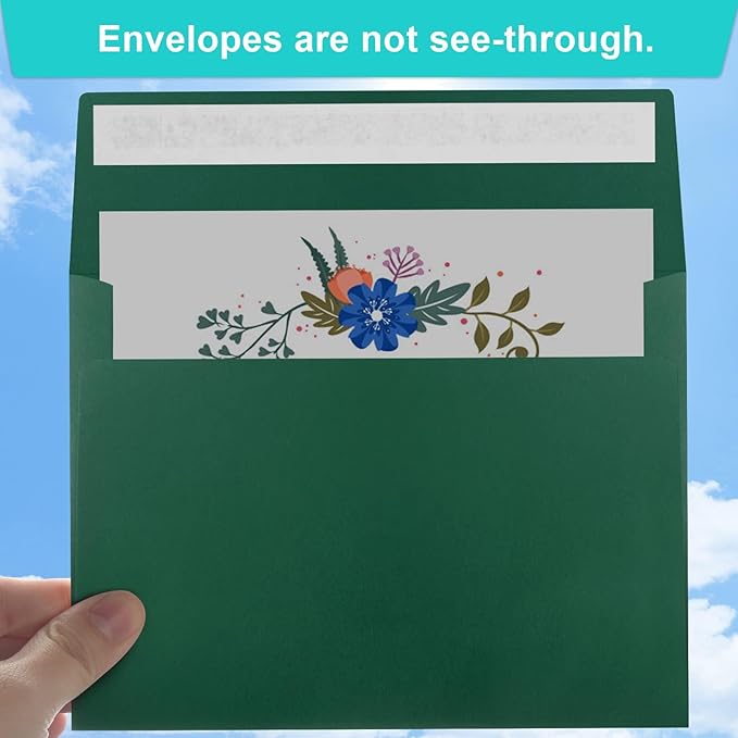 65 Pack Dark Green Self Seal Envelopes - A4, 4x6 Sizes for Invitations, Weddings, Photos, Greeting Cards & Mailing