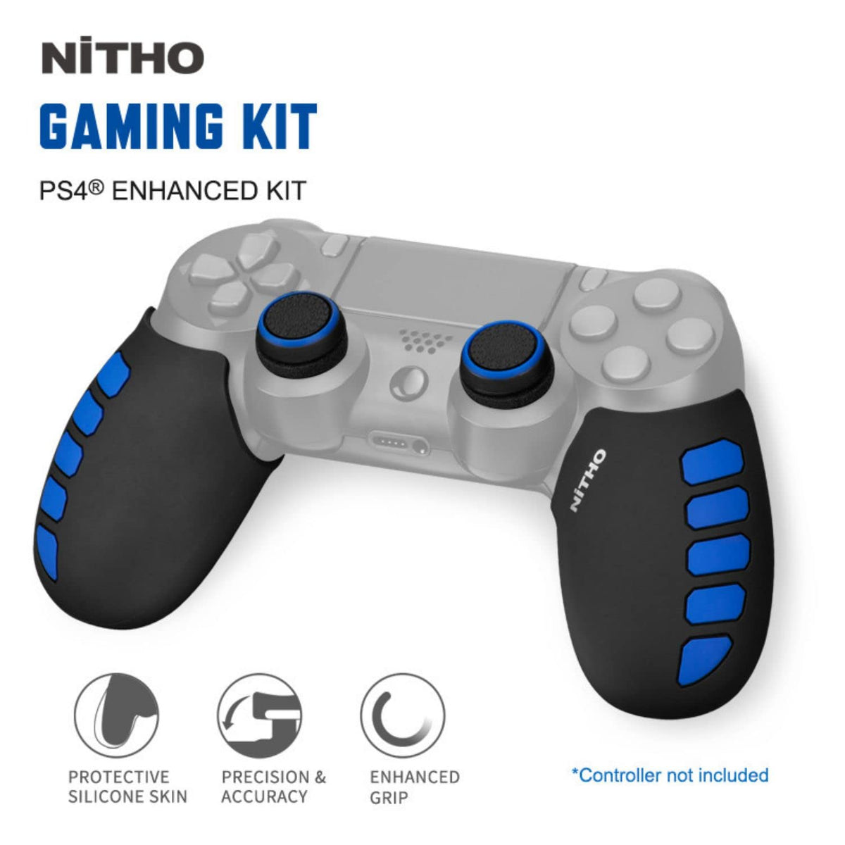 Controller Silicone Case Grip Set for PS4 - Rubber Protector Handle with 2X Joystick Thumb Caps and 2X Analog Precision Rings - Compatible with PS4/Slim/Pro - Blue Stripe