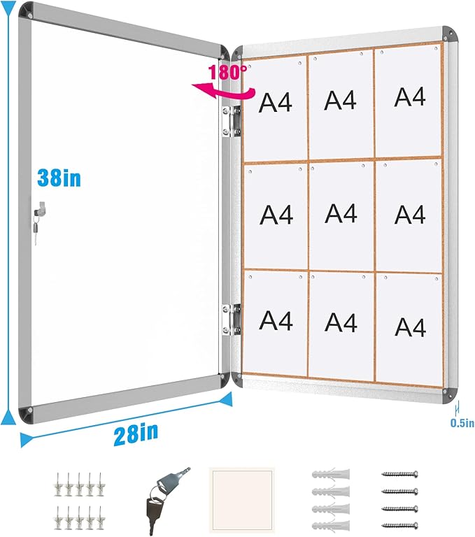 2 Pack 38"x28" Enclosed Bulletin Board, Lockable Weather-Resistant Aluminum Cork Noticeboard for School & Office, Silver Frame w/Cork