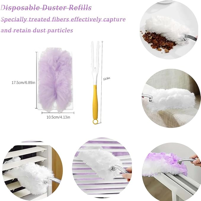 Duster Refills Compatible with Swiffer Duster, Heavy Duty Multi Surface Duster Replacement with 1 Extra Handle for Cleaning Furniture, Blinds, Ceiling Fans and Car (Purple- 20 Pack)