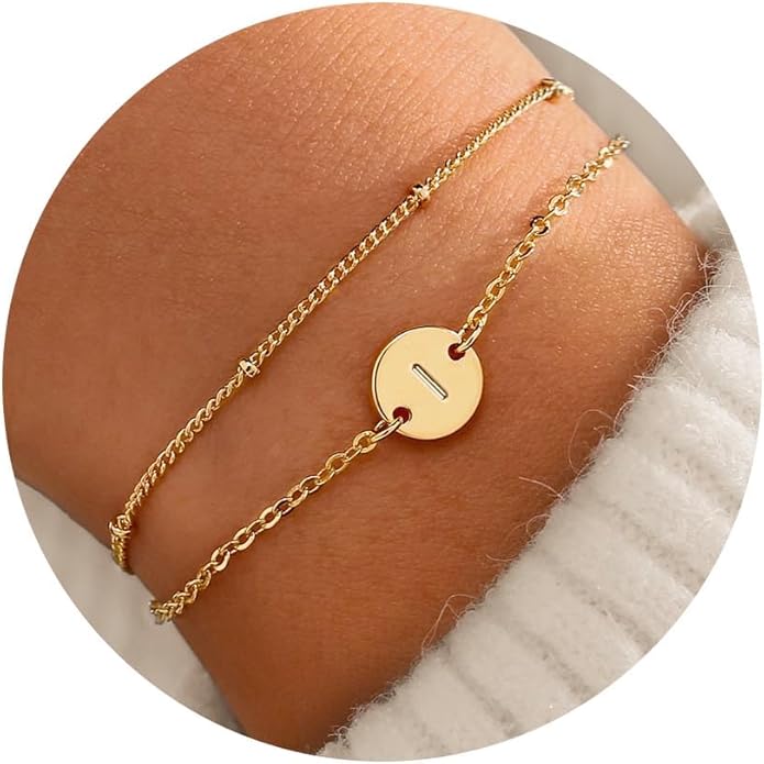 MONOZO Gold Bracelets for Women Girls Valentines Day Gifts, Dainty 18K Gold Plated Disc Monogram Letter A-Z Initial Bracelets for Women Trendy Personalized Letter Bracelet Valentines Day Gifts for Her