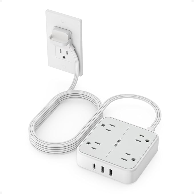 Surge Protector Power Strip, TESSAN Ring Pull Flat Plug Extension Cord 10 Ft with 3 USB (1 USB C) 4 Outlets, 900 Joules Protection, Desktop Charging Station for Home, Office, College, Dorm Room, Gray